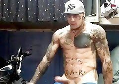 Tattooed white handjob cock cumshot